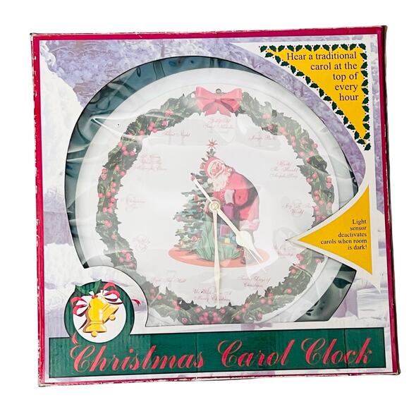 Mark Feldstein Christmas Wall Clock 1999 Musical Carols Santa Wreath 13” - Picture 1 of 6